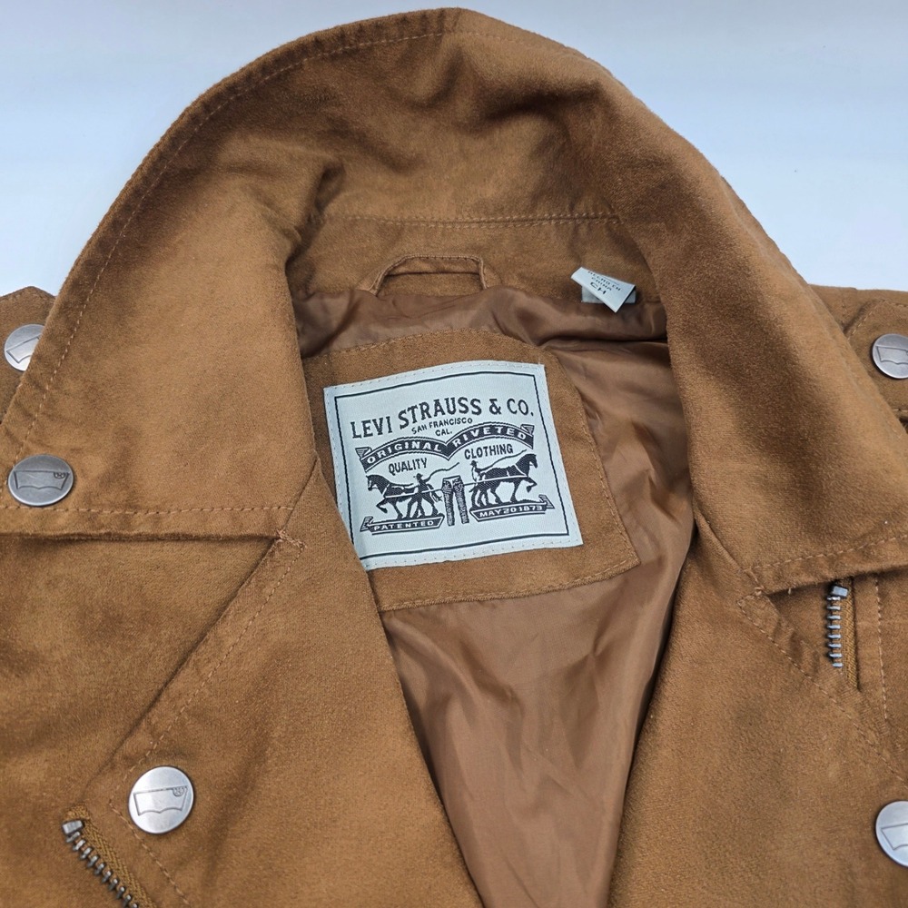 Levis Faux Suede Moto Jacket Womens Small Brown Asymmetrical Zip Biker Cognac O9 - Picture 14 of 16